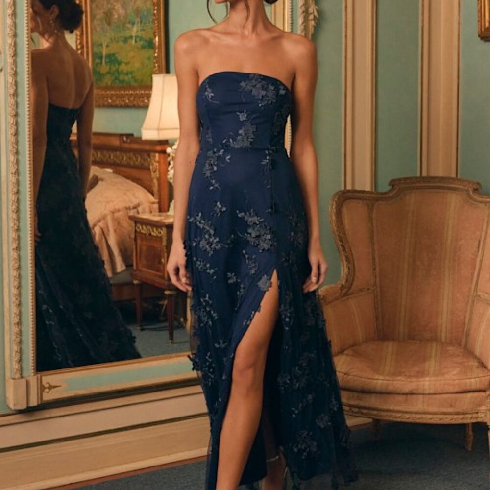 Lulus Rare Presence Navy Blue 3d Floral Embroidered Maxi Dress - Size S